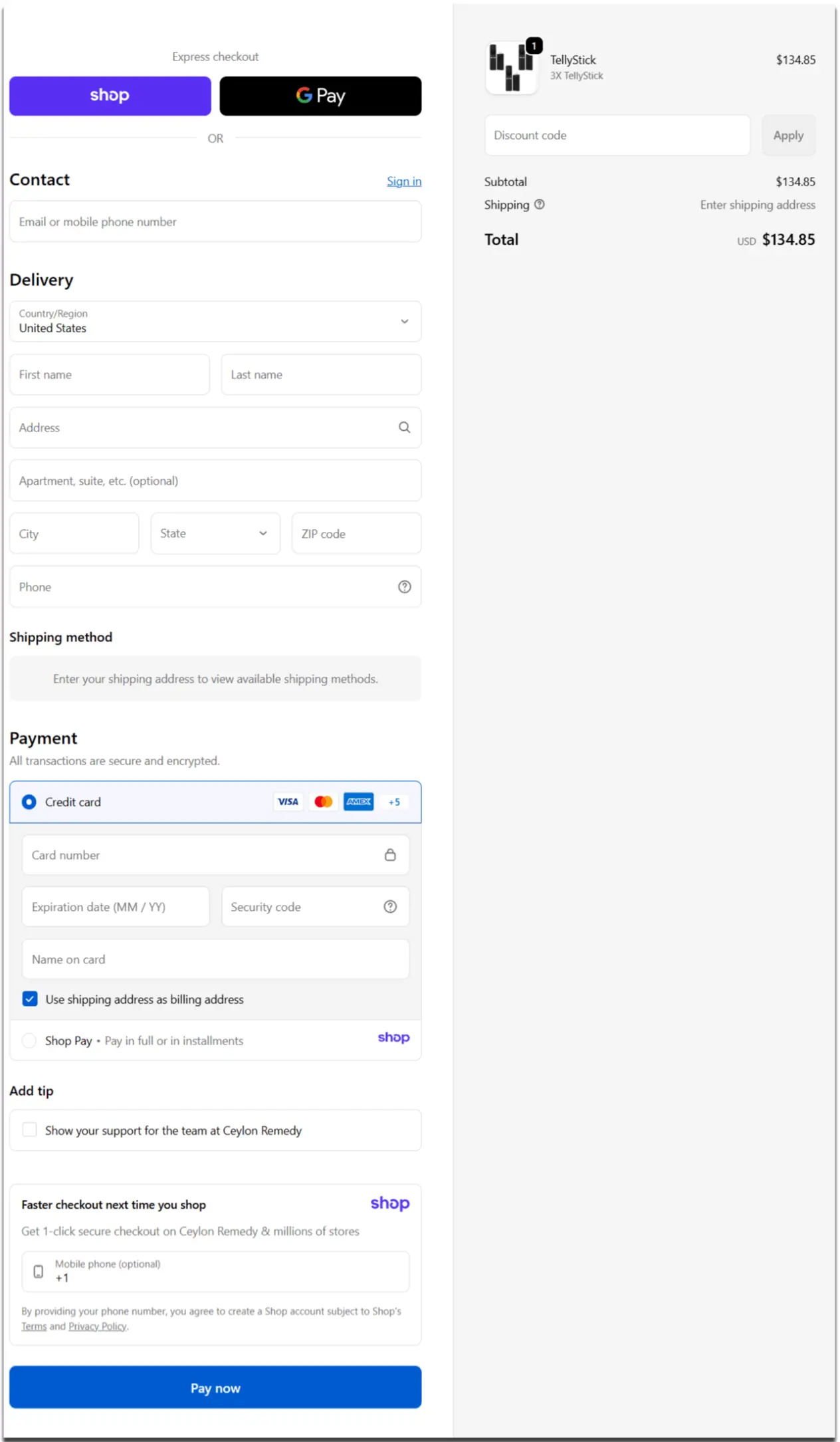TellyStick Secure Checkout Page